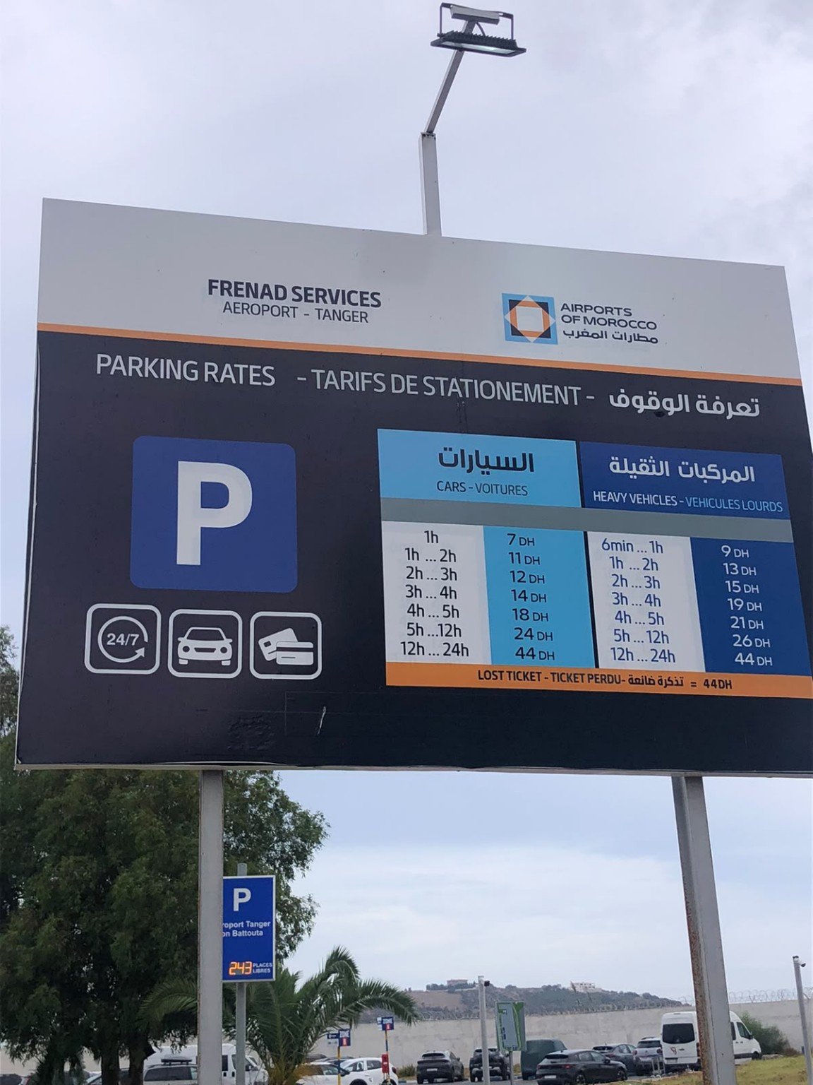 Parking tariff board outside Tangier Airport